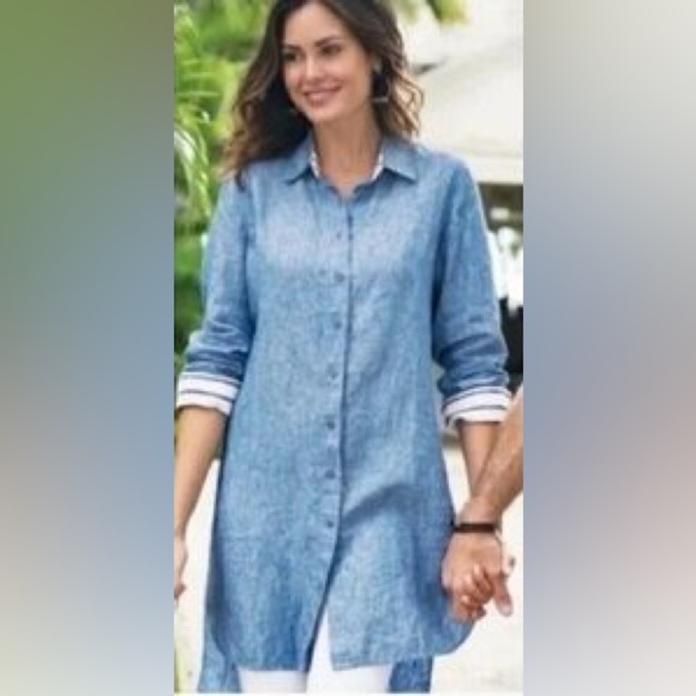SOFT SURROUNDINGS LINEN Blue Button-Up Long Shirt dress 3X plus size